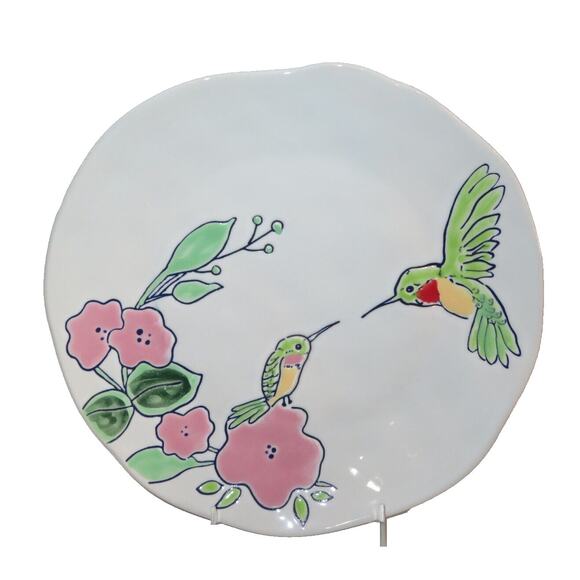 SET OF 2 ELI & ANA HANDMADE CERAMICS FLORAL HUMMINGBIRD 8" SALAD PLATES NEW - Picture 1 of 4